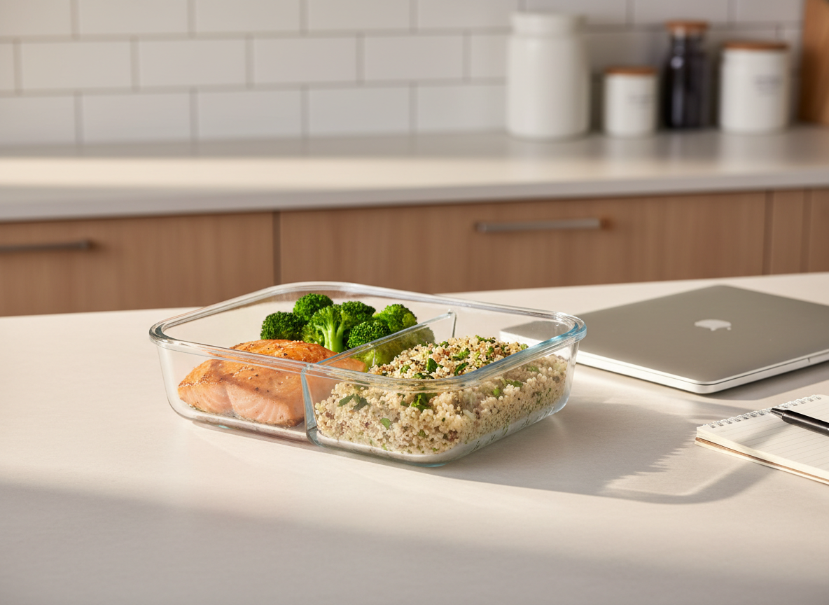 A neatly arranged kitchen counter featuring a large, transparent glass meal prep container divided into three sections, each filled with colorful, balanced foods: roasted salmon with a light glaze, steamed broccoli florets, and quinoa dotted with herbs. The container rests on a pale, matte stone countertop beside a closed laptop and a slim notepad, suggesting a busy adult’s workspace. Soft morning daylight pours in from an unseen window, creating gentle highlights on the glass edges and subtle shadows behind the objects. Shot from a slightly elevated, three-quarter angle with a shallow depth of field that blurs the minimalist kitchen background. The mood is calm, organized, and reassuring, with clean, photographic realism and a modern, professional aesthetic.