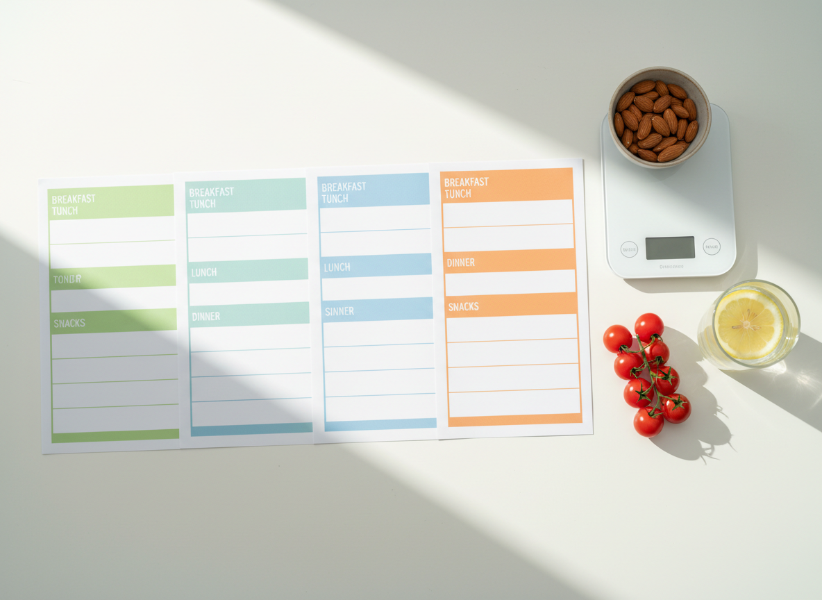 A clean, white dining table with three simple, color-coded weekly meal planning sheets laid out side by side, each sheet featuring neatly printed sections for breakfast, lunch, dinner, and snacks. Around them sit a digital kitchen scale, a small bowl of almonds, a bunch of cherry tomatoes, and a glass of water with lemon slices. Natural afternoon light filters in from the left, casting soft, directional shadows and gentle reflections on the glass. Captured from a top-down, bird’s eye view that keeps every detail in sharp focus. The atmosphere feels intentional and empowering, emphasizing structure and ease. The style is photographic, bright, and minimal, matching a professional nutrition brand centered on practical planning.