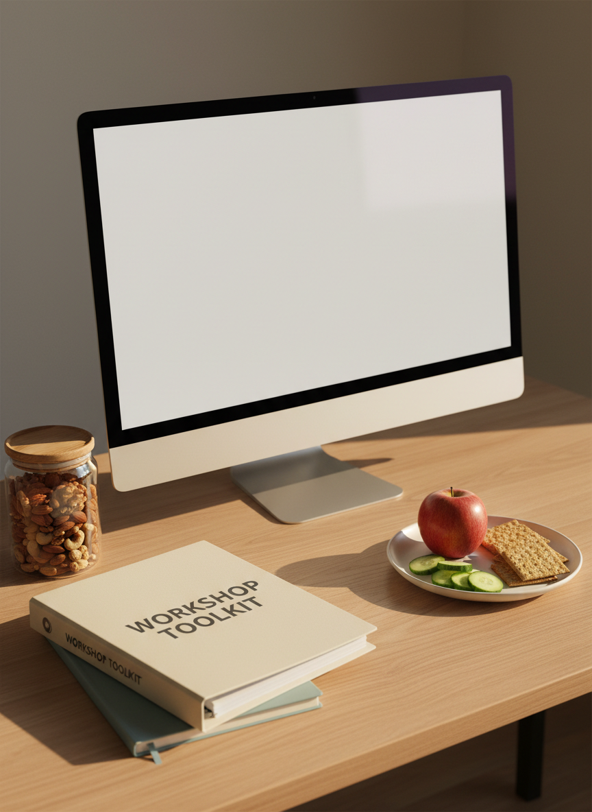 A sleek, neutral-toned home office desk displaying a large computer monitor with a blank, softly glowing screen, surrounded by neatly arranged nutrition education materials: a closed binder labeled “Workshop Toolkit,” a pair of stacked, muted-color notebooks, and a clear glass jar filled with mixed nuts. To the right sits a simple white ceramic plate holding an apple, cucumber slices, and whole-grain crackers. Warm, indirect afternoon sunlight spills across the desk from the right, creating long, gentle shadows and highlighting wood grain textures. Shot from a slightly elevated angle, with the monitor off-center following the rule of thirds. The photographic scene feels calm, organized, and professional, capturing the atmosphere of a virtual, dietitian-led nutrition workshop designed for busy adults working from home.