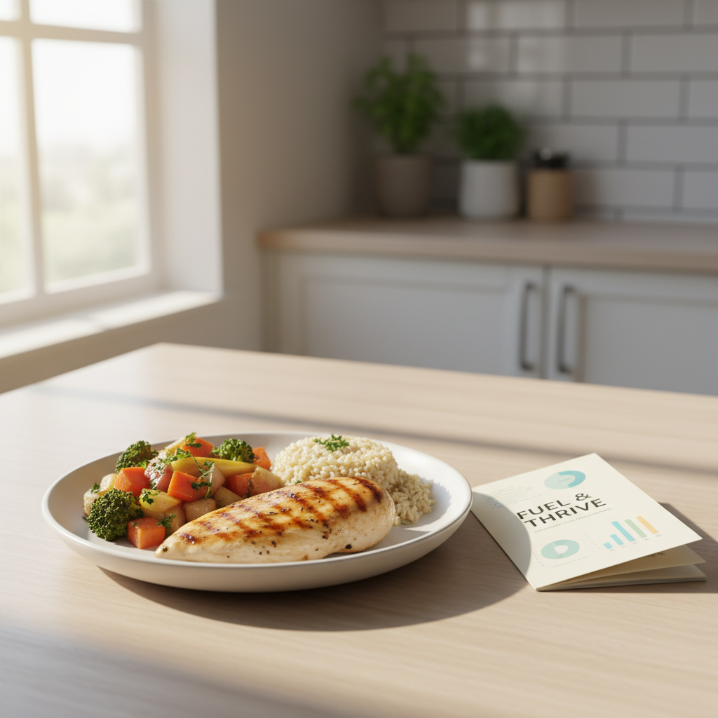 A light, airy kitchen table featuring a single, beautifully composed balanced plate: grilled chicken breast with light grill marks, a generous serving of roasted mixed vegetables, and a scoop of brown rice sprinkled with chopped herbs, all arranged on a matte white ceramic plate. Next to the plate lies a slim, branded nutrition guide booklet partially open, displaying colorful but non-legible charts. Soft morning sunlight from a nearby window washes over the scene, creating delicate highlights on the food and casting a faint shadow from the booklet. Captured from a slightly elevated angle with a shallow depth of field that gently blurs the neutral background. The mood is calm, professional, and encouraging, showcasing realistic, everyday meals aligned with practical, dietitian-approved nutrition advice.