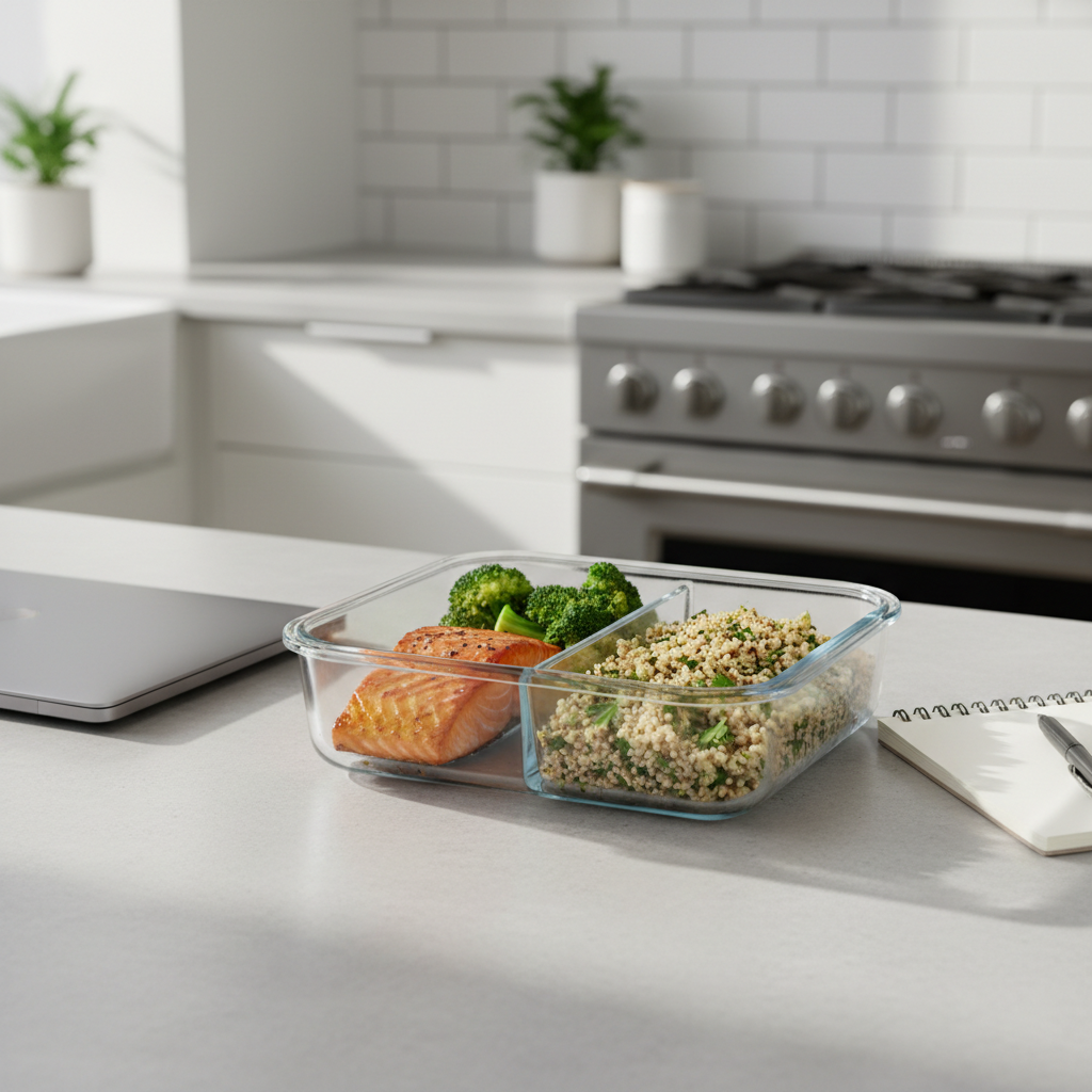 A neatly arranged kitchen counter featuring a large, transparent glass meal prep container divided into three sections, each filled with colorful, balanced foods: roasted salmon with a light glaze, steamed broccoli florets, and quinoa dotted with herbs. The container rests on a pale, matte stone countertop beside a closed laptop and a slim notepad, suggesting a busy adult’s workspace. Soft morning daylight pours in from an unseen window, creating gentle highlights on the glass edges and subtle shadows behind the objects. Shot from a slightly elevated, three-quarter angle with a shallow depth of field that blurs the minimalist kitchen background. The mood is calm, organized, and reassuring, with clean, photographic realism and a modern, professional aesthetic.