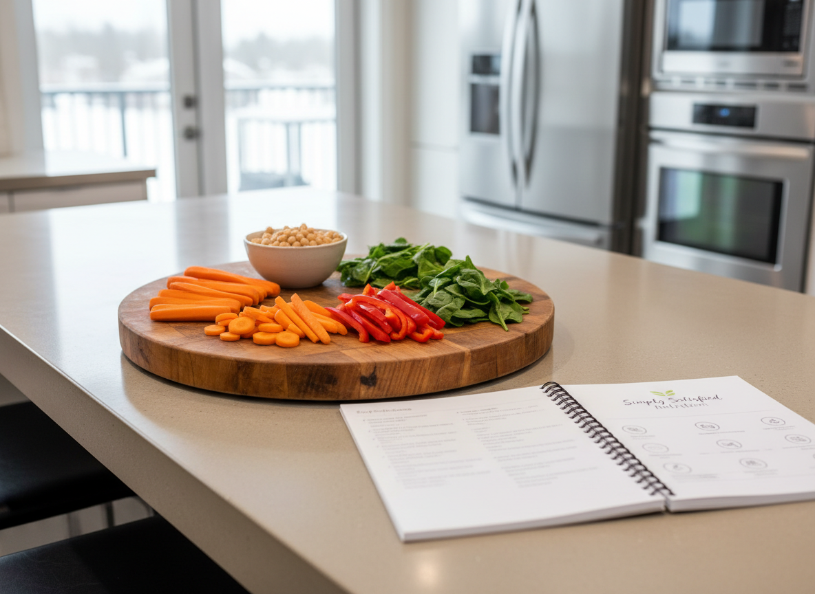 An inviting, modern kitchen island with a large wooden cutting board in the center, topped with neatly chopped rainbow vegetables: deep orange carrots, bright red bell peppers, leafy green spinach, and pale chickpeas in a small ceramic bowl. Beside them rests an open spiral-bound recipe workbook titled “Simply Satisfied Nutrition” on a clean white page, with visible but unreadable text blocks and simple icons. Soft, diffused overcast light from a wide window creates even illumination with gentle shadows, highlighting the textures of the produce and paper. Photographed at eye-level with a slight angle, using moderate depth of field to keep the foreground crisp while subtly blurring stainless steel appliances behind. The mood is upbeat yet professional, emphasizing practical, hands-on nutrition guidance in realistic photographic style.