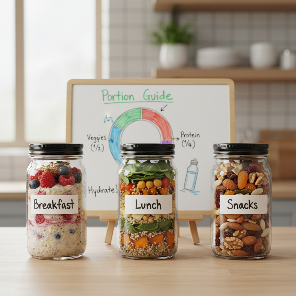 A tidy kitchen countertop transformed into a workshop station, featuring a row of three labeled glass jars reading “Breakfast,” “Lunch,” and “Snacks,” each filled with visually appealing options: overnight oats with berries, a layered grain and veggie salad, and a mix of nuts and dried fruit. Behind them stands a light, tablet-sized whiteboard propped up on a stand, covered with a simple, colorful plate graphic and portion guidelines drawn with markers. Bright but diffused daylight streams from a nearby window, giving the glass jars gentle highlights and casting soft, barely-there shadows. Captured at eye level with a moderate depth of field, the jars in sharp focus and kitchen shelves subtly blurred. The photographic style is clean, approachable, and educational, reflecting structured, practical nutrition programs.