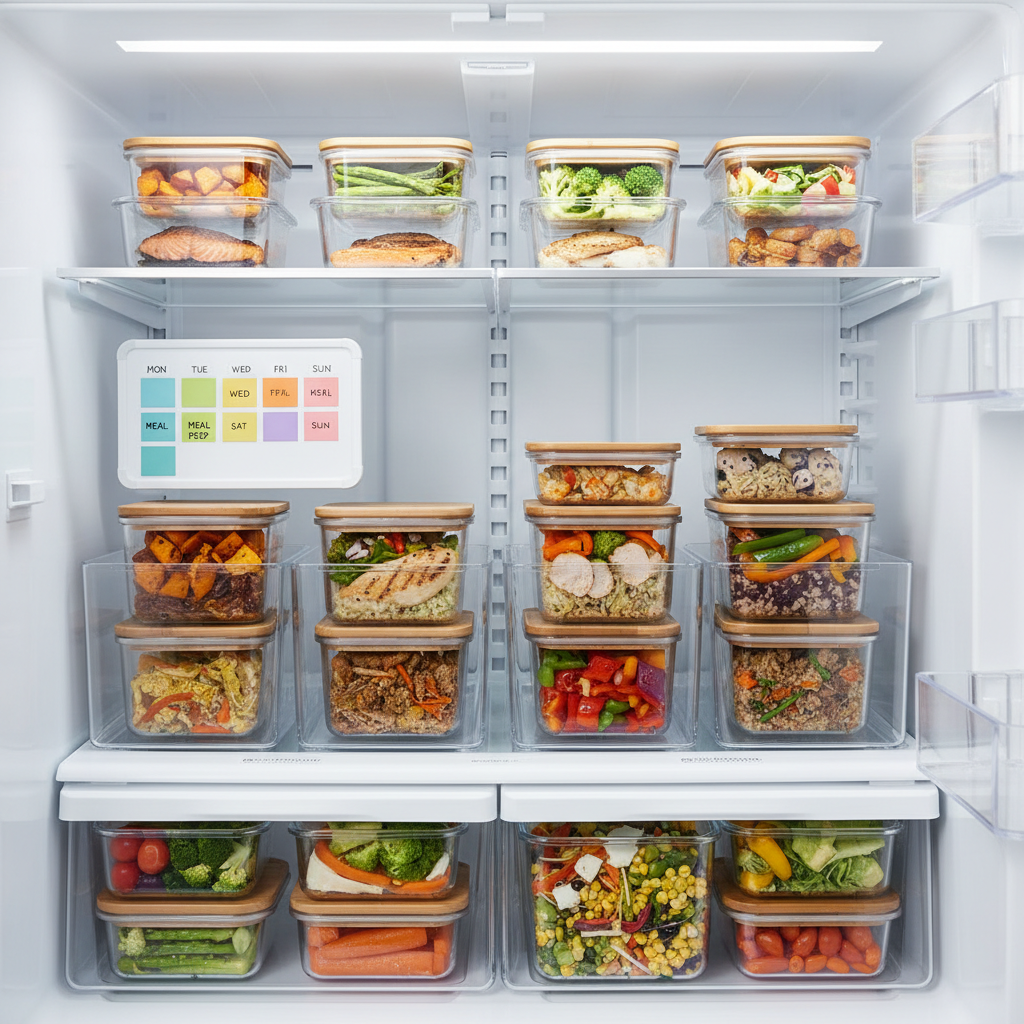 A minimalist fridge interior shot with neatly organized, transparent storage bins filled with pre-portioned meals in uniform glass containers, each one showing a colorful balance of proteins, vegetables, and whole grains. On the inside of the fridge door, a small magnetic meal schedule is visible, featuring clear blocks of color for different days. Cool, clean fridge lighting illuminates the scene evenly, making the fresh produce look vibrant and the glass edges crisp. Photographed straight on, at eye level, with sharp focus throughout to emphasize order and practicality. The atmosphere is calm, efficient, and reassuring, suggesting a busy adult’s week perfectly prepared through a structured nutrition program. The aesthetic is photographic realism with a modern, organized feel that matches a professional dietitian-led service.